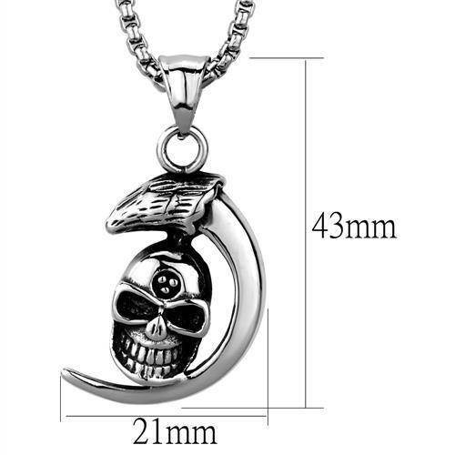 Men's high polished skull necklace featuring a detailed skull pendant with a crescent design