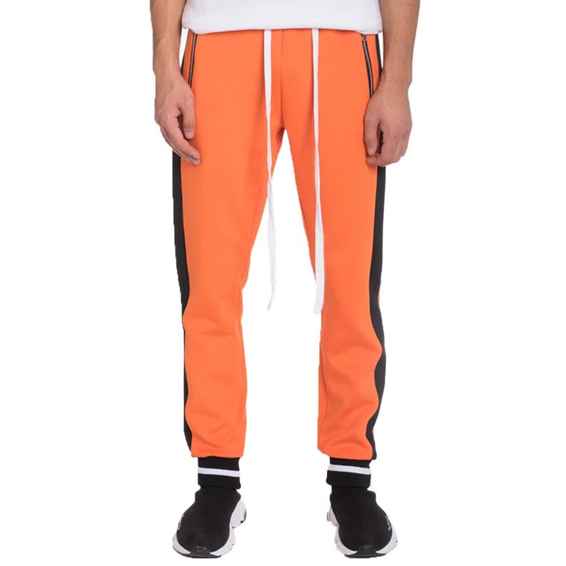 WEIV orange mens jogger sweatpants with black side stripes and white drawstrings