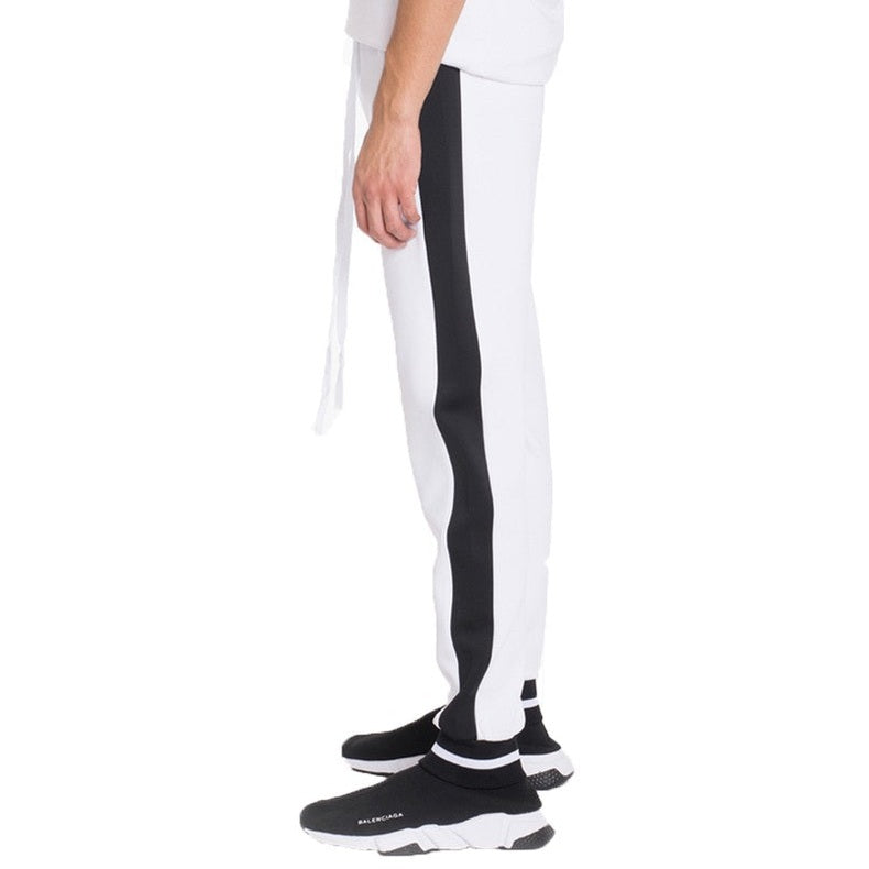 WEIV mens jogger sweatpants in white with black side stripe and slim fit design