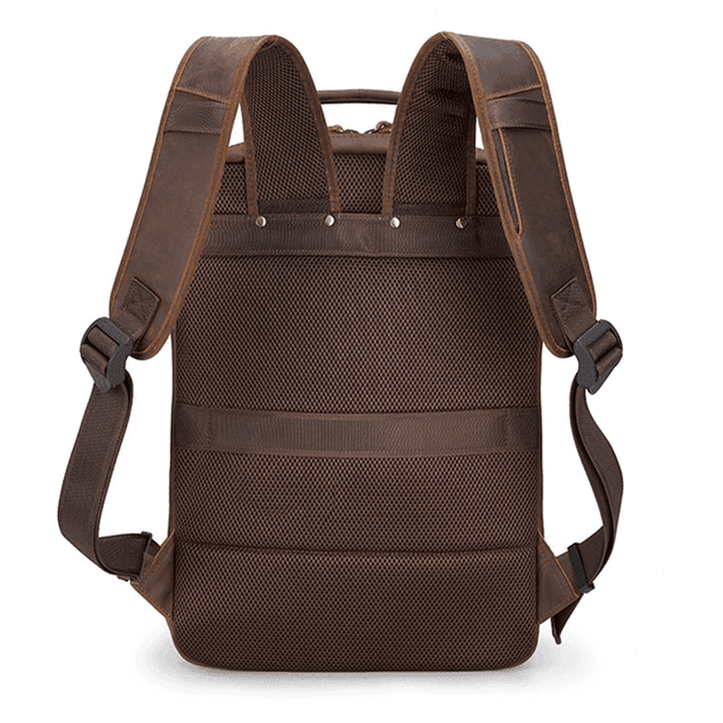 Brown mens leather backpack with padded back and adjustable straps for comfort