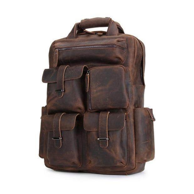 Mens leather backpack large in dark brown with multiple pockets and durable design for travel