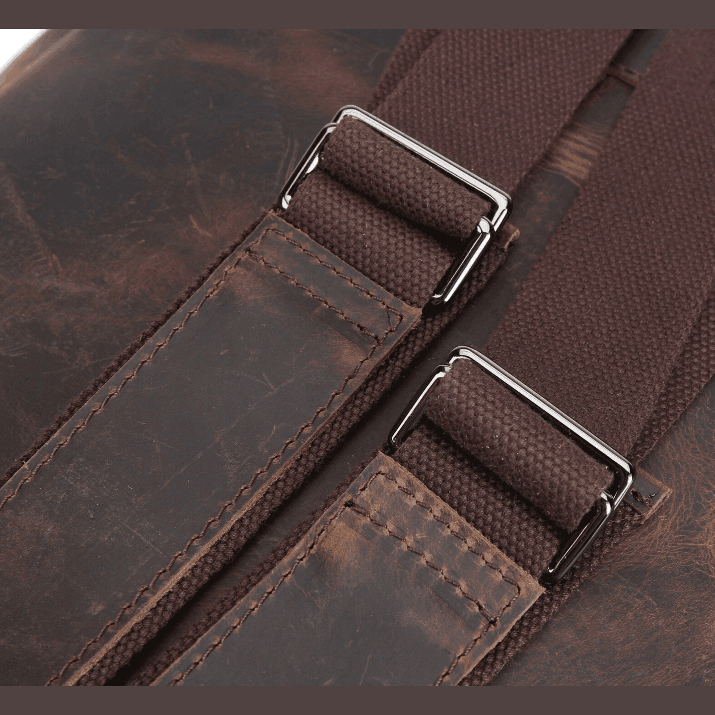 Close-up of VacationGrabs mens leather backpack large showing sturdy straps and premium material
