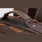 Close-up of a mens leather backpack featuring a sturdy handle and stylish design for daily use