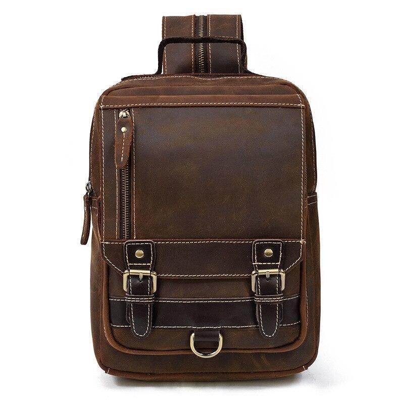 Mens leather travel bag from VacationGrabs featuring front pockets and a stylish design