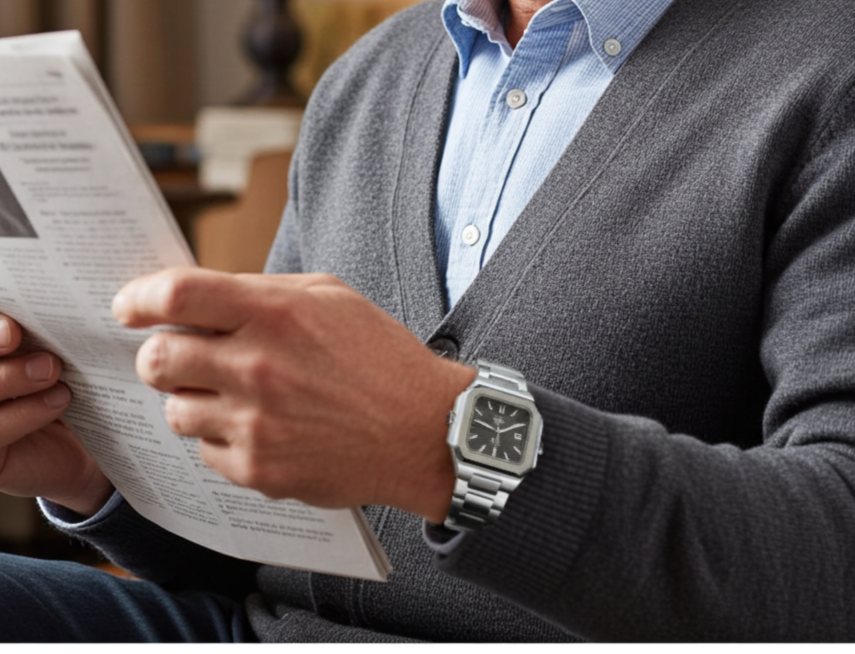 Dapr men's luxury watch with a sleek design worn by a man reading a newspaper in a cozy setting
