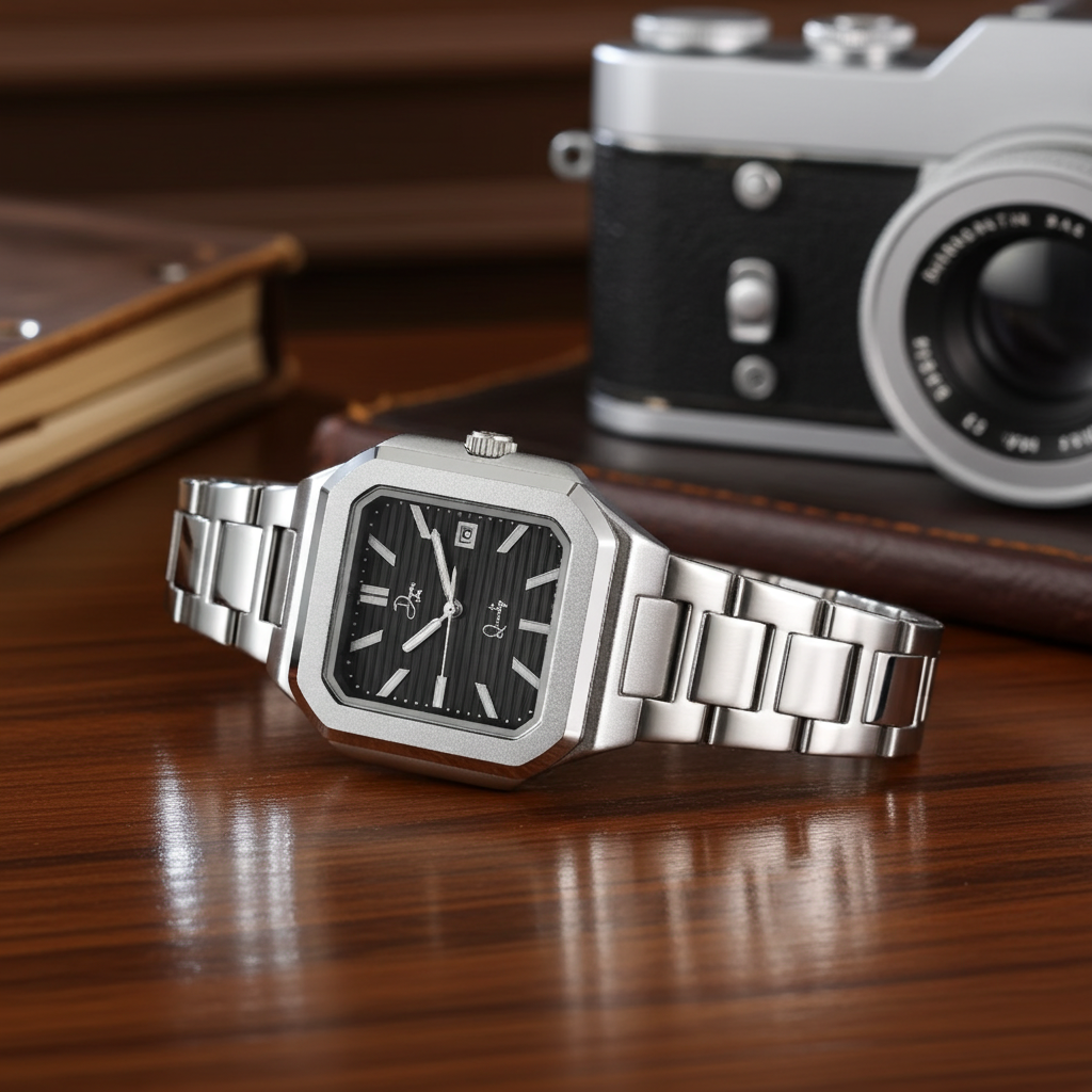 Dapr men's luxury watch with a silver bracelet and a black striped dial for sophisticated style