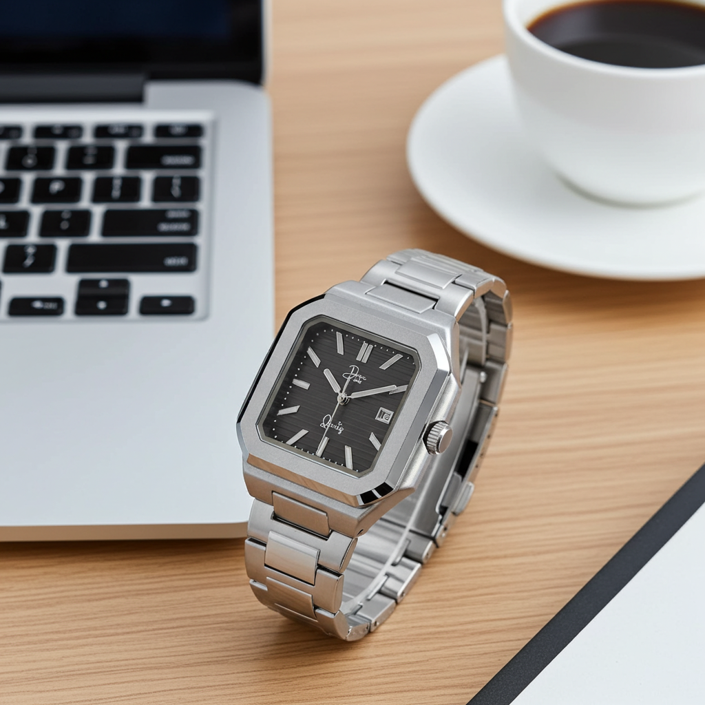 Dapr men's luxury watch with stainless steel band and black dial on a wooden desk next to a laptop and coffee