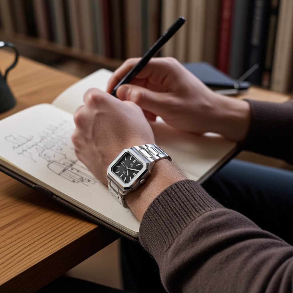 Dapr men's luxury watch with a sleek silver design worn while sketching in a notebook