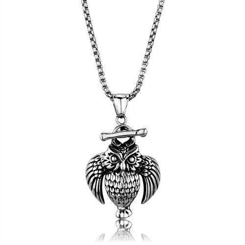 Men's owl pendant necklace in silver with intricate detailing and a chain for modern style