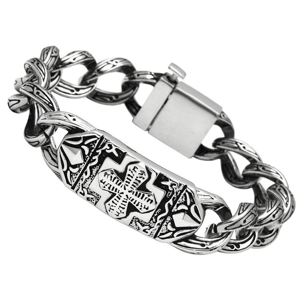 Men's polished stainless steel bracelet with intricate design and secure clasp for durable wear