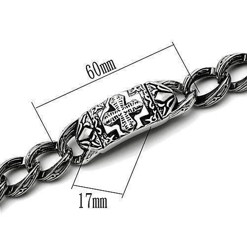 Men's polished stainless steel bracelet with intricate design and measurements for a stylish look