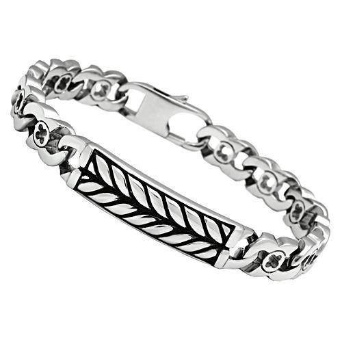 Men's polished steel bracelet with intricate leaf design and secure clasp for stylish wear