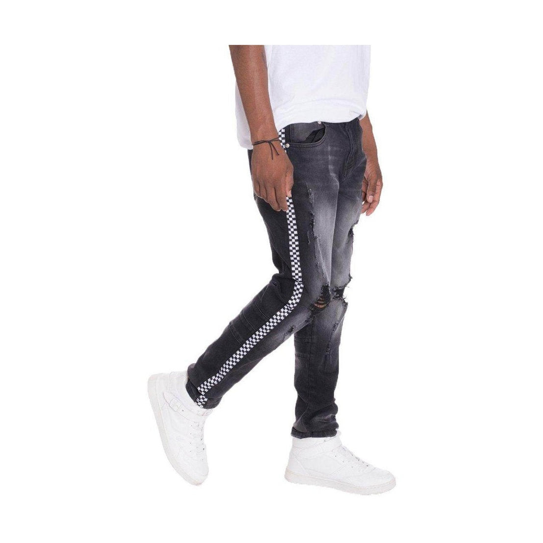 Men's racer stripe jeans from VacationGrabs with a stylish checkered side detail