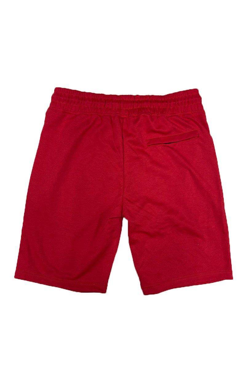 Men's red cotton shorts with elastic waistband and a back pocket from VacationGrabs