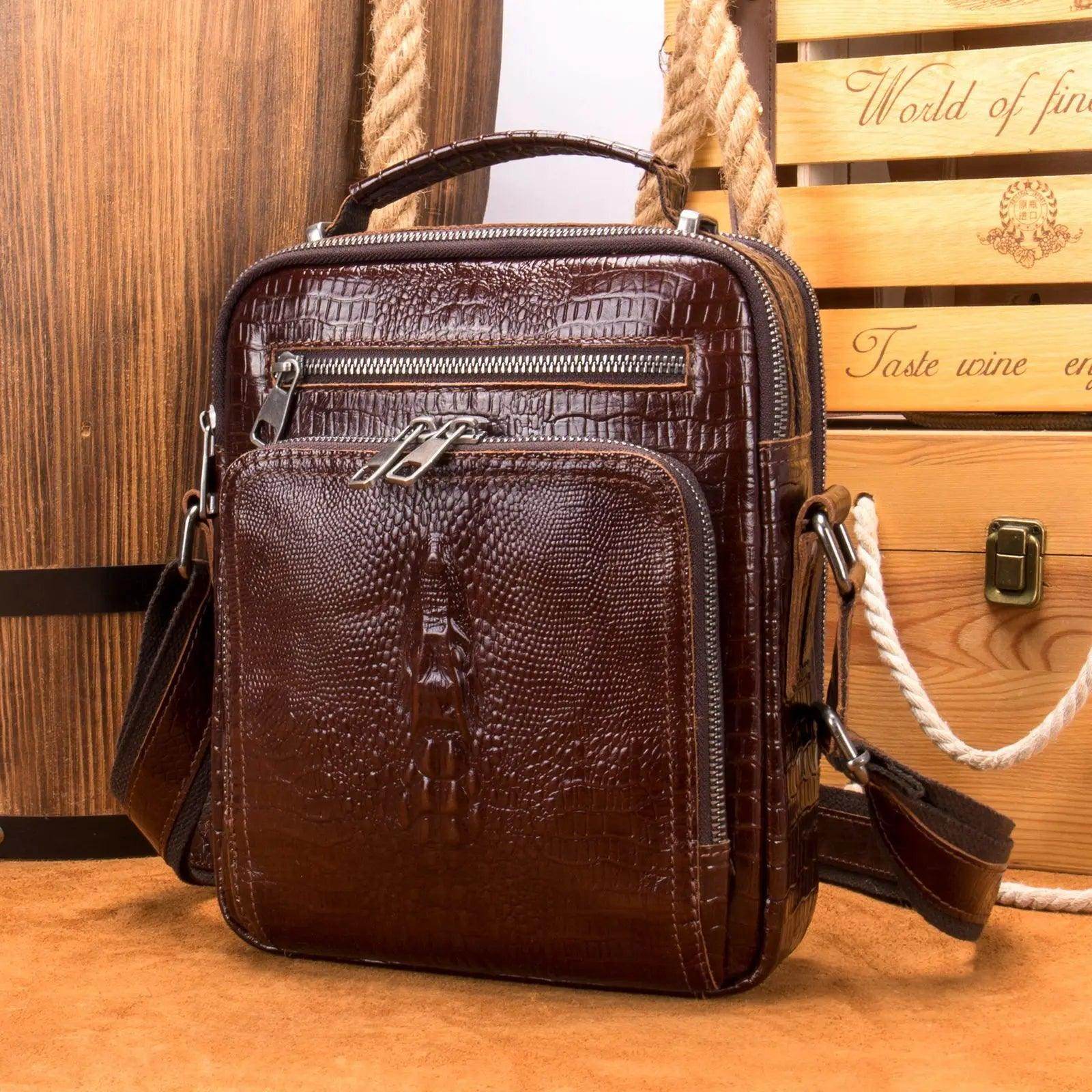 Mens retro leather shoulder bag in brown with textured finish and adjustable strap for casual use