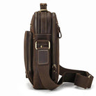 Mens retro leather shoulder bag with multiple zippered pockets and an adjustable strap