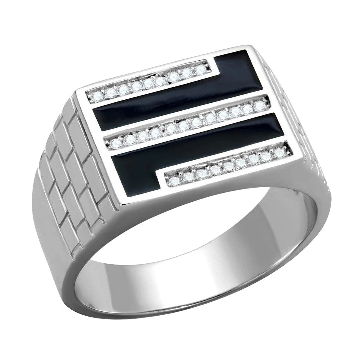 Stylish men's rhodium 925 sterling silver ring featuring black accents and sparkling details