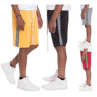 Mens side tape checkered shorts in yellow black grey and red with white drawstrings worn by models