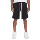 Black mens side tape checkered shorts by WEIV with white drawstrings worn with white sneakers