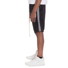 WEIV mens side tape checkered shorts in black with white drawstring and checkered side stripe