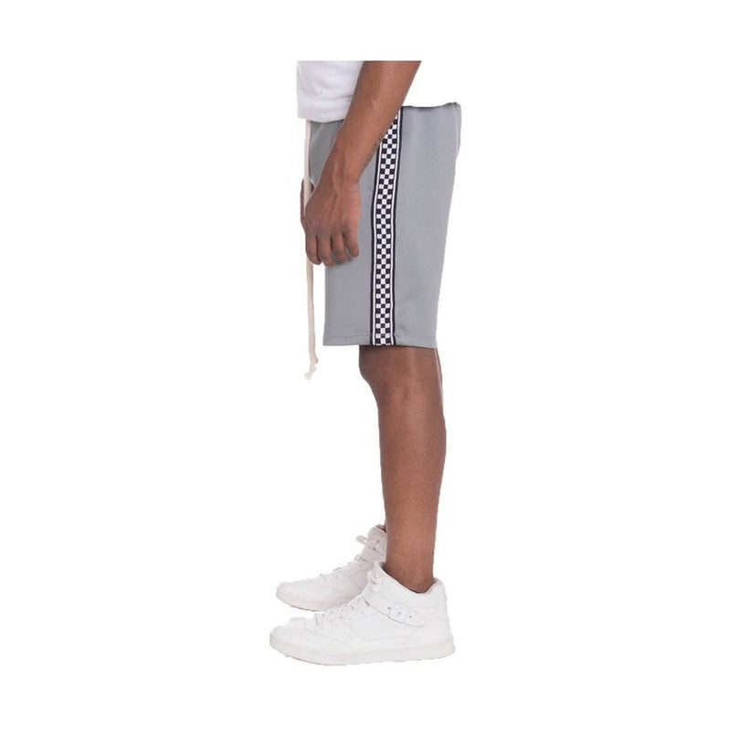 WEIV mens side tape checkered shorts in gray with black and white checkered side stripe