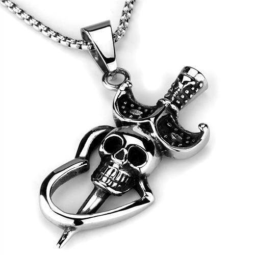 Men's skull pendant necklace with sword design, crafted in silver for a bold statement look