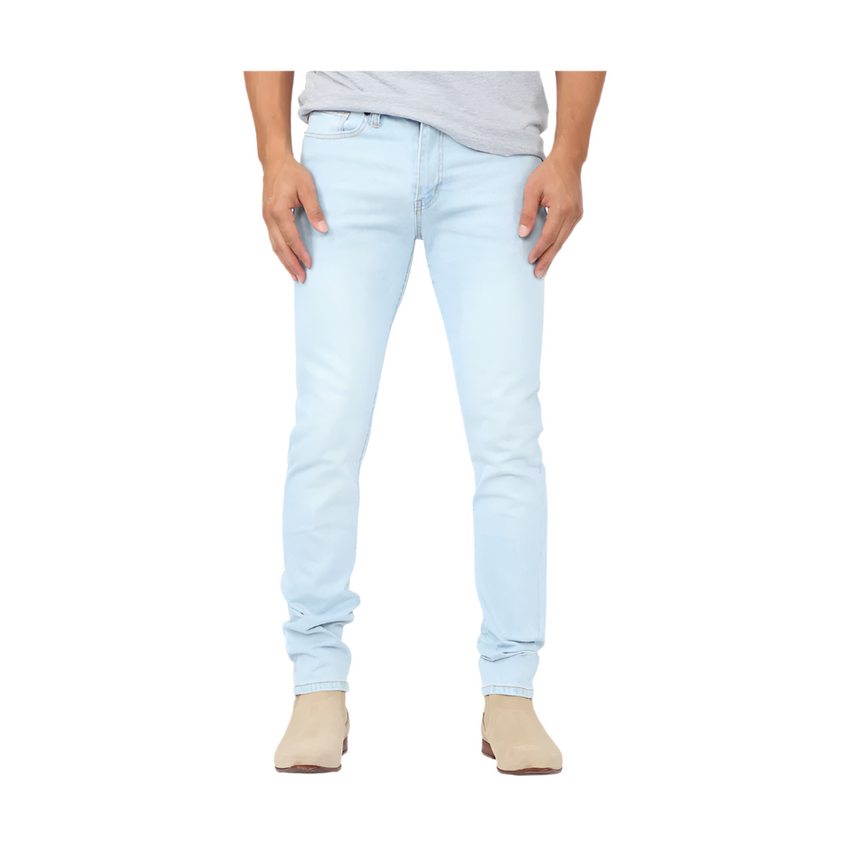 VacationGrabs mens slim fit jeans light blue paired with casual beige boots