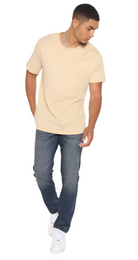 VacationGrabs mens slim fit jeans vintage blue worn by man with beige t-shirt and white sneakers