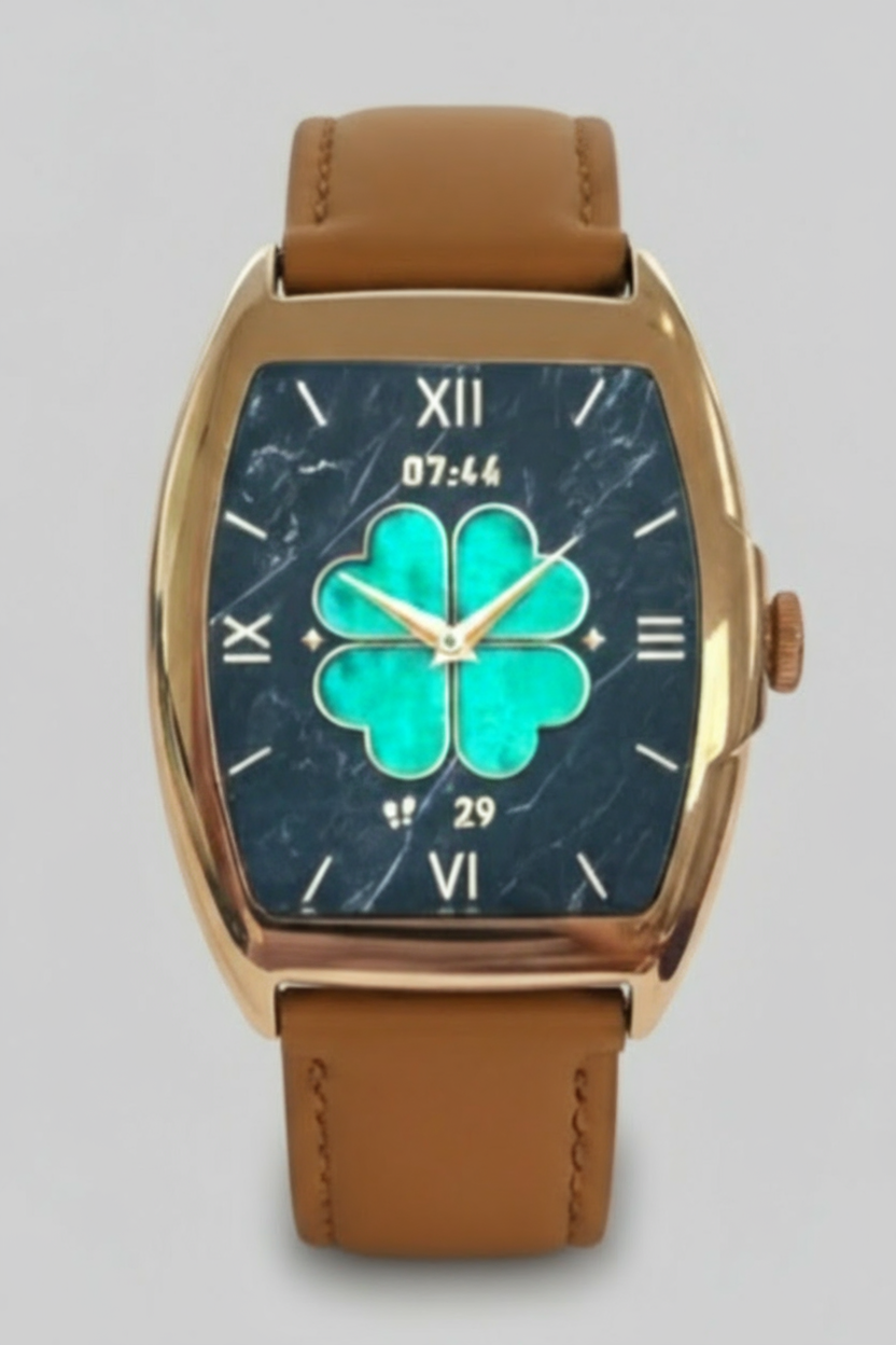 Dapr Watches Men's Smartwatch for iOS and Android with Brown Leather Band and Unique Four Leaf Clover Dial