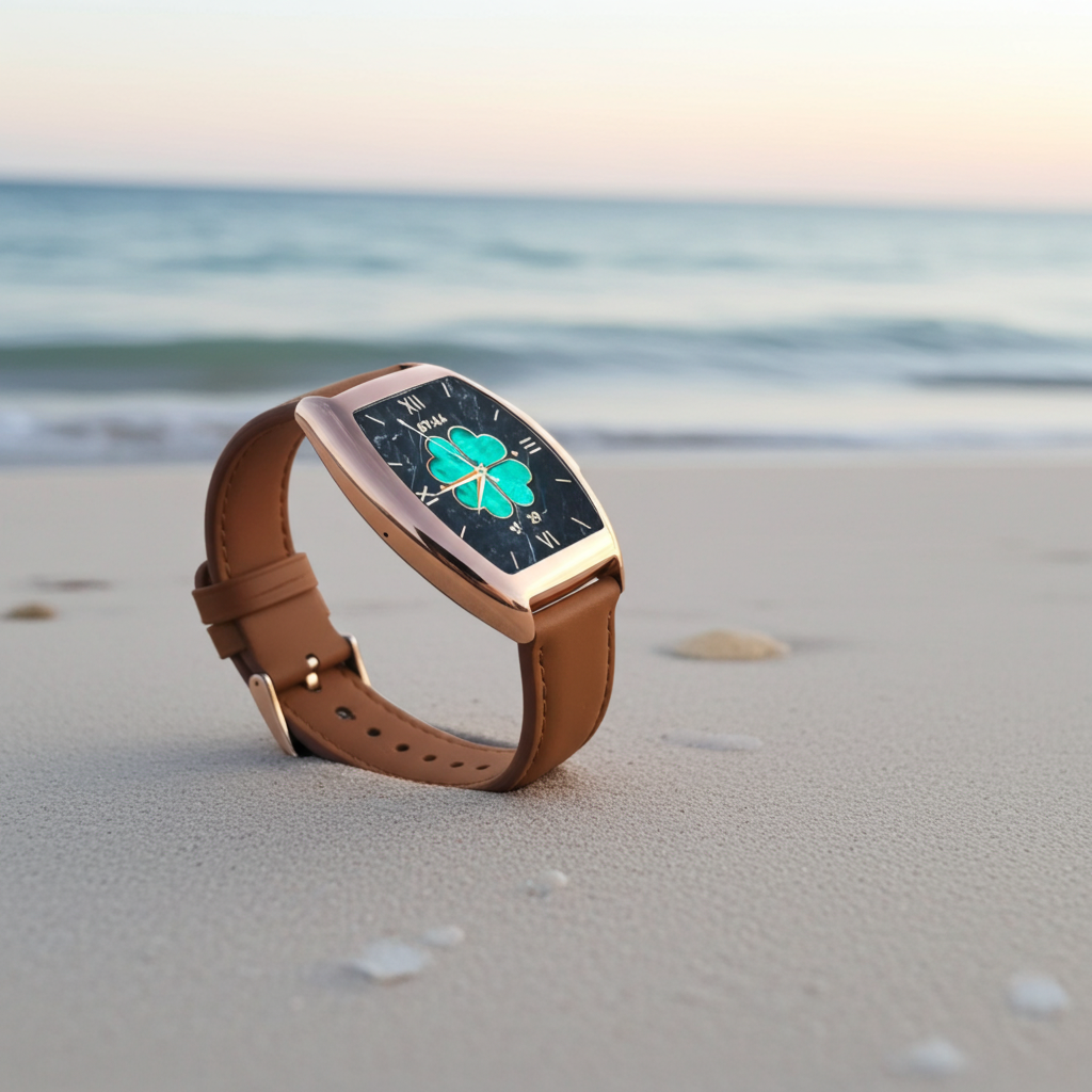 Dapr men's smartwatch for iOS and Android with a stylish design and brown leather strap on a beach