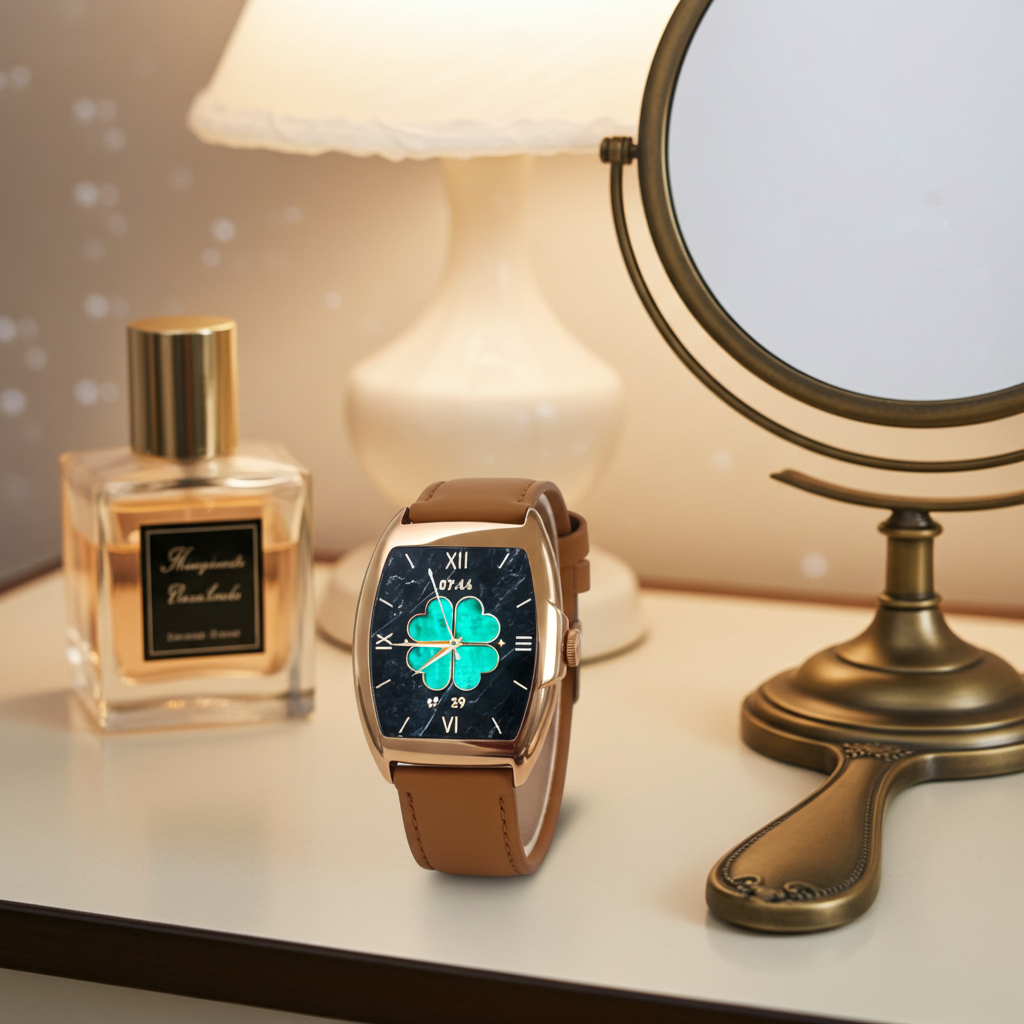 Dapr Watches leather band men's smartwatch for iOS and Android displayed beside a perfume and mirror
