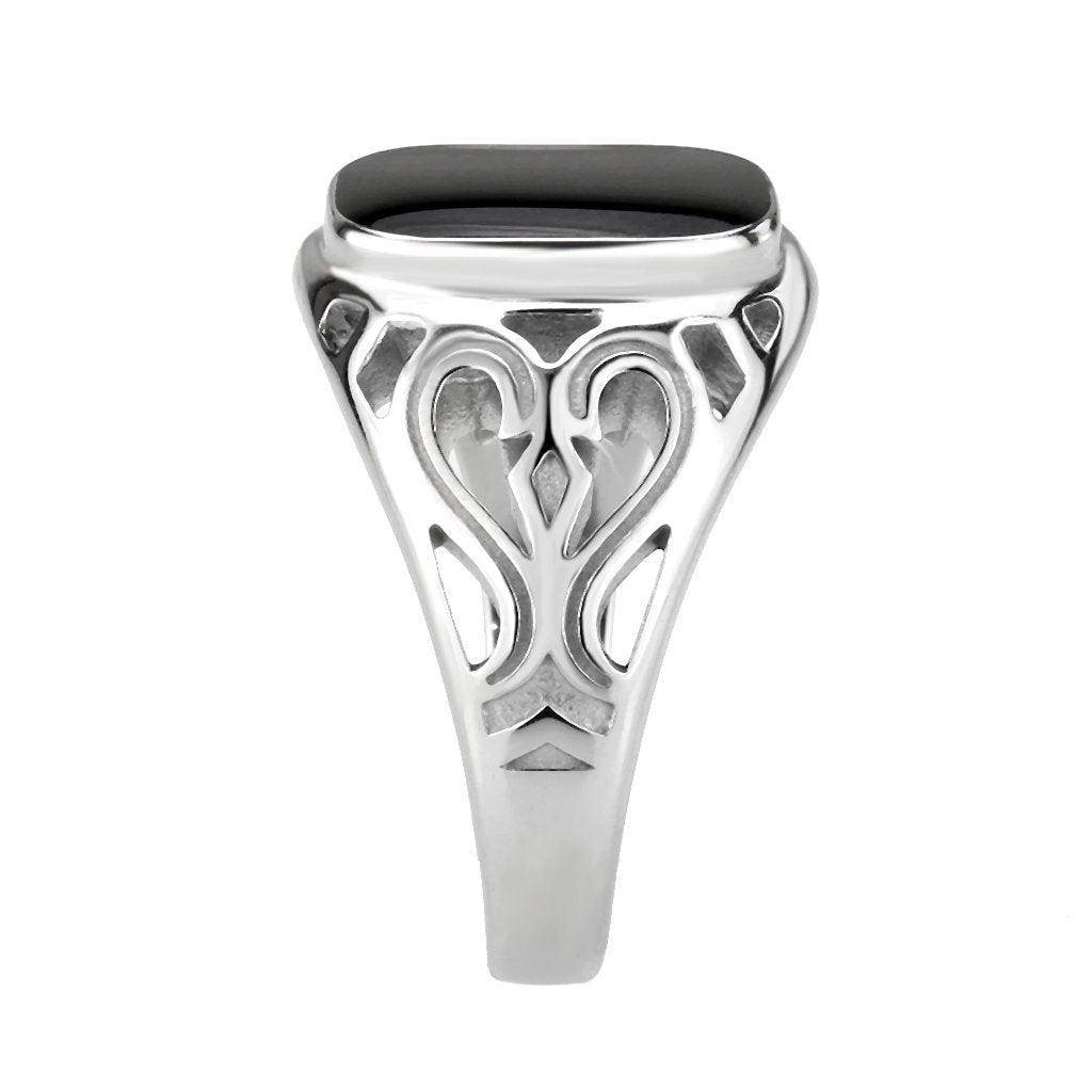 Men's stainless steel ring with intricate design and black onyx stone centerpiece