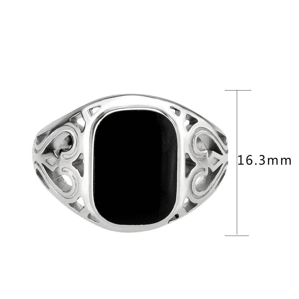 VacationGrabs men's stainless steel ring featuring a bold black stone and intricate detailing