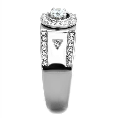 Men's stainless steel ring featuring a central stone and decorative crystal accents