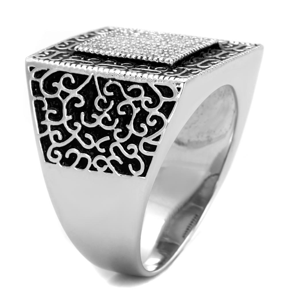 Mens Sterling Silver CZ ring with intricate black filigree design for a stylish look