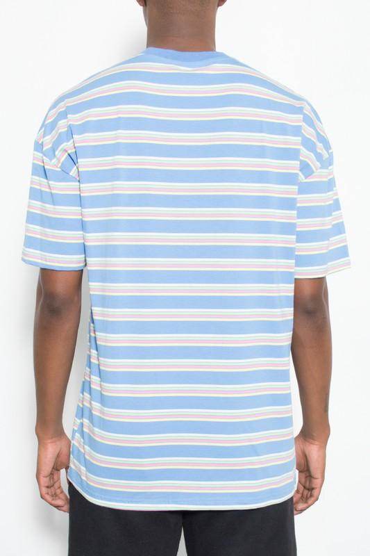 Men's Striped Round Neck T-Shirt by WEIV in blue with multicolor horizontal stripes