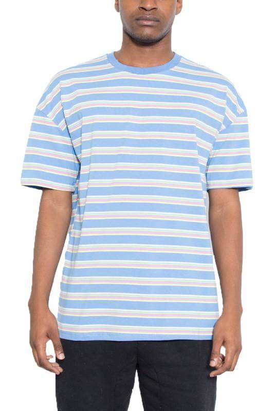 WEIV mens striped round neck t-shirt in blue with horizontal stripes for casual wear