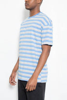 WEIV mens striped round neck t-shirt in blue and white with a relaxed fit for casual wear
