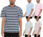 WEIV mens striped round neck t-shirt available in four colors: blue, pink, green, and navy