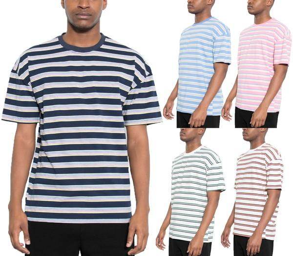 WEIV mens striped round neck t-shirt available in four colors: blue, pink, green, and navy