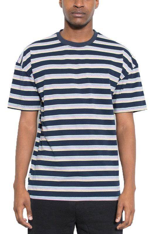 WEIV men's striped round neck t-shirt in navy and cream with short sleeves for a casual look