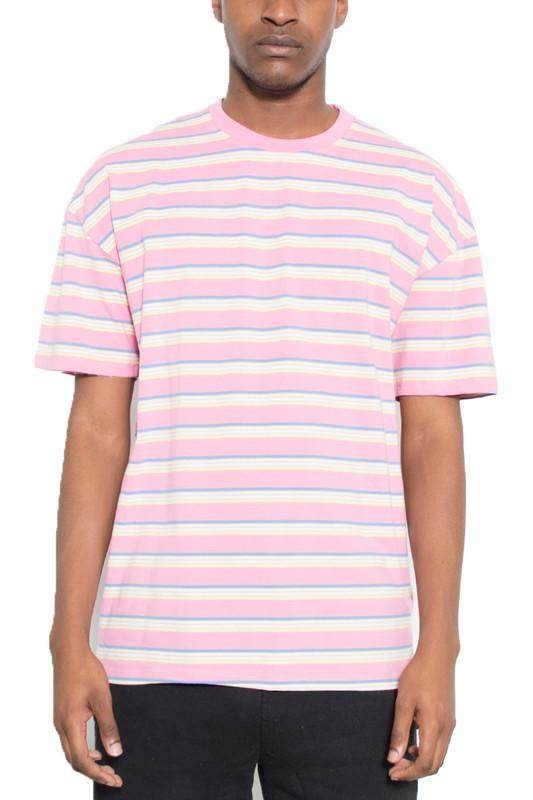 Men's striped round neck t-shirt by WEIV in pink with multicolor stripes for a stylish look