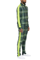 WEIV mens stylish track suit in green plaid design with neon accents and a comfortable fit
