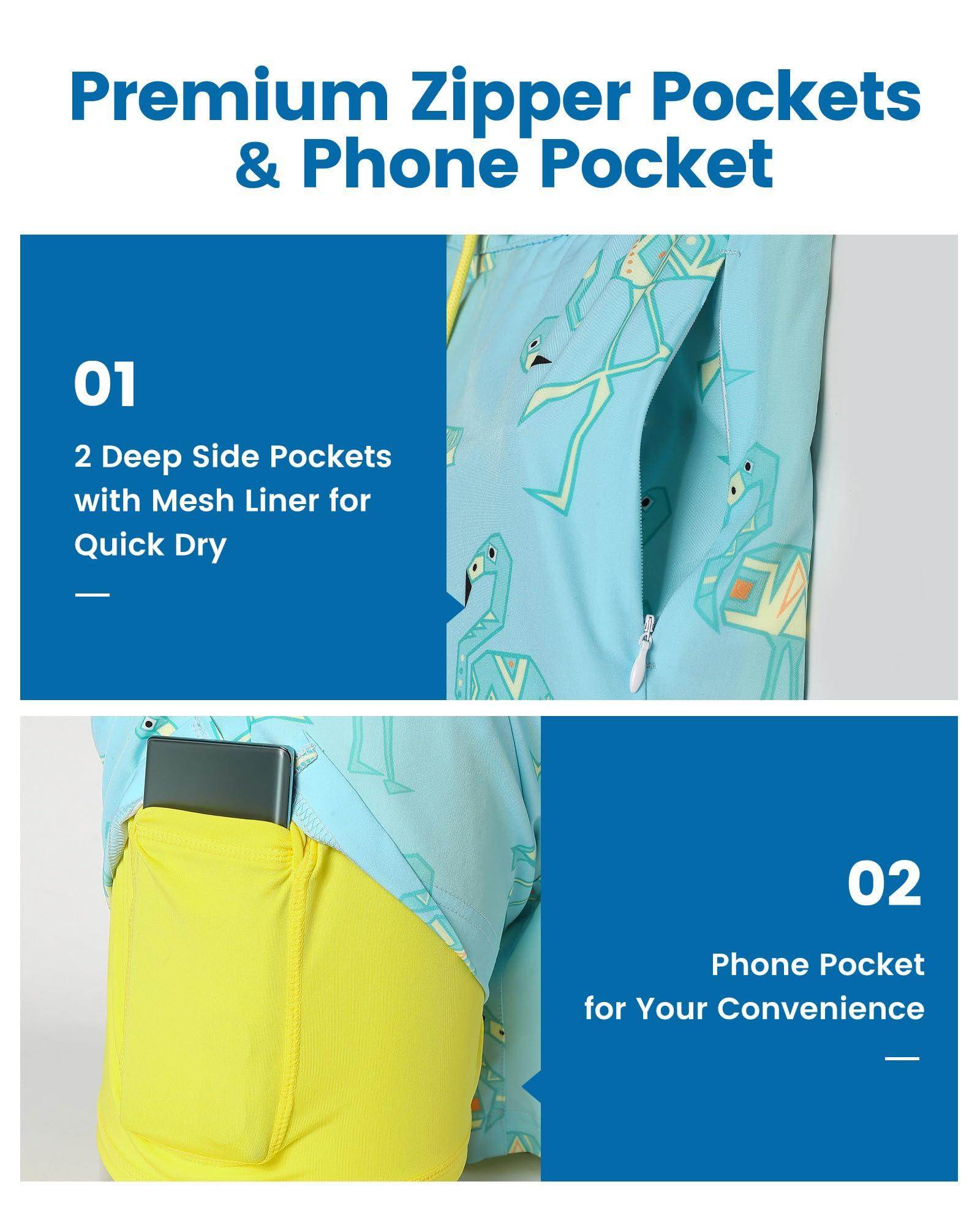 Mens Swim Trunks Compression Liner Quick Dry Zipper Pockets - VacationGrabs