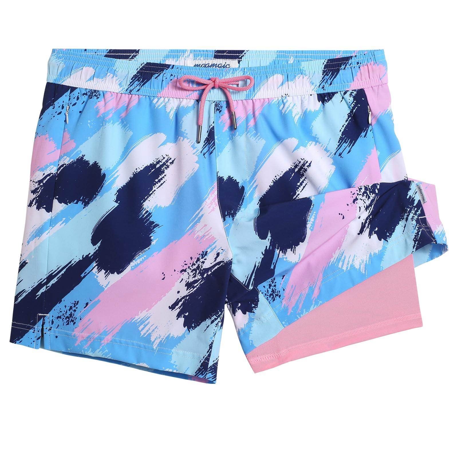 Mens Swim Trunks Compression Liner Quick Dry Zipper Pockets - VacationGrabs