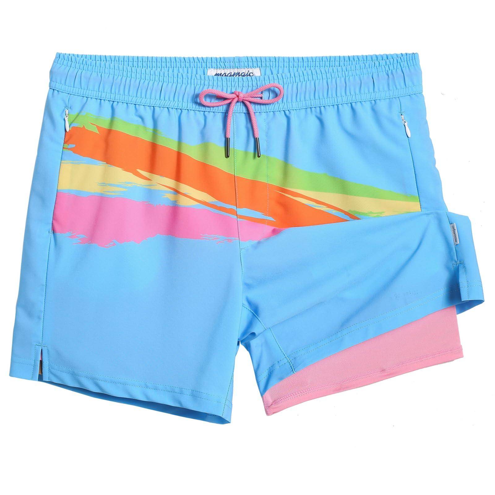 Mens Swim Trunks Compression Liner Quick Dry Zipper Pockets - VacationGrabs