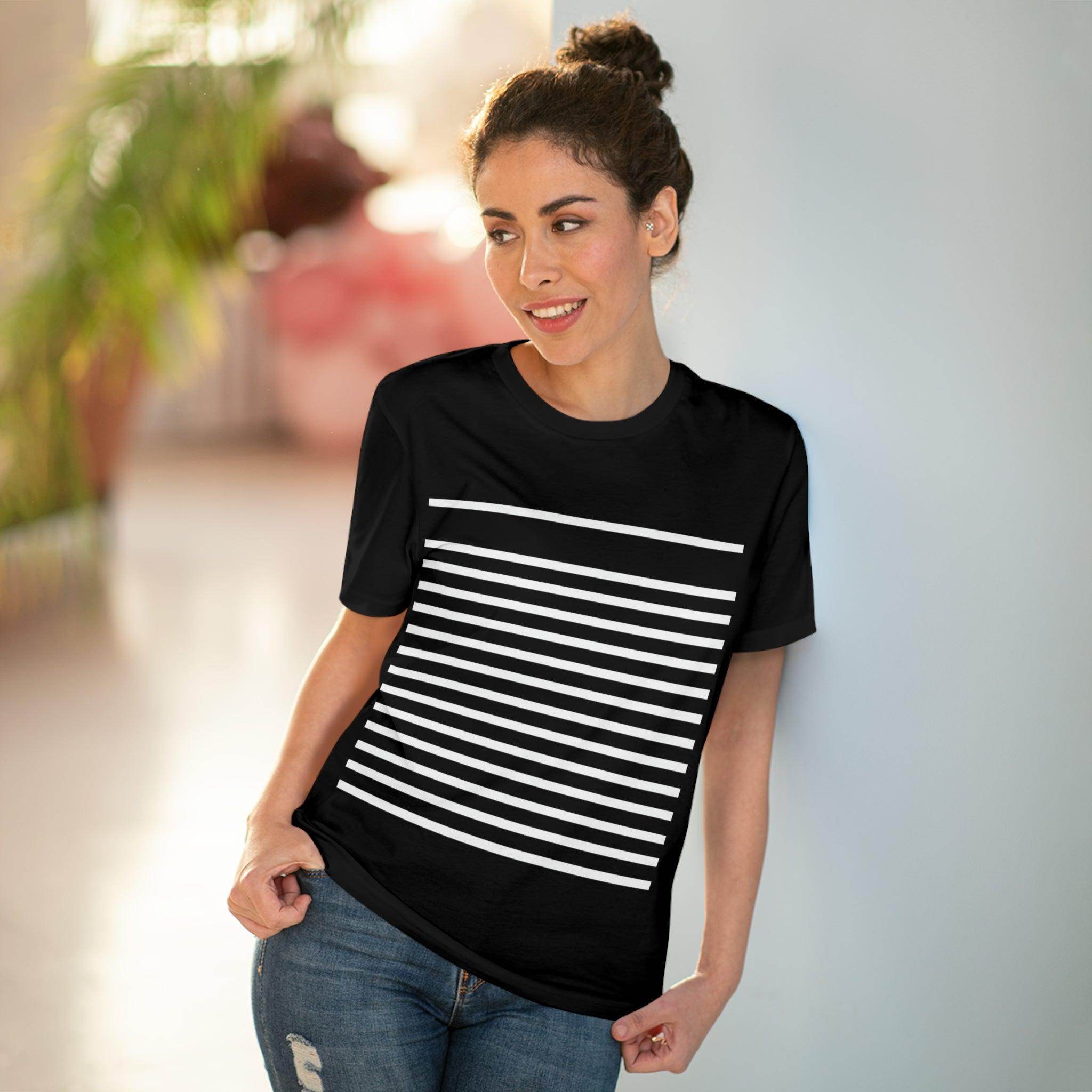 Mens T-Shirt Horizontal White Lines Black Crew Neck Tank - VacationGrabs