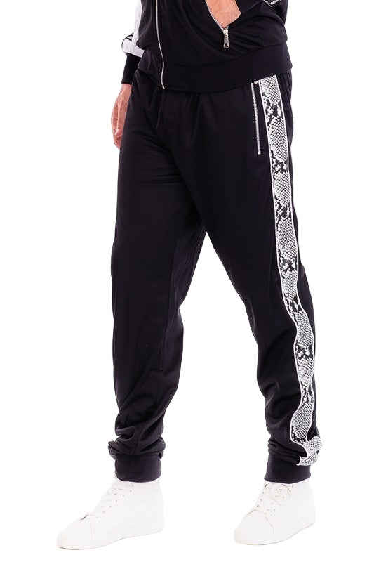 Stylish WEIV mens track suit featuring black pants with snake print side stripes for activewear