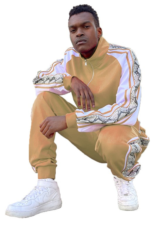 WEIV mens track suit in beige and white with stylish snake print details for activewear enthusiasts