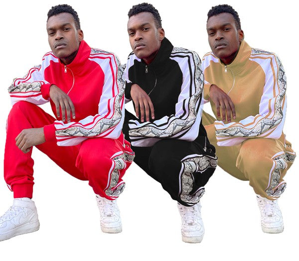 Men's track suit set by WEIV in red, black, and beige with stylish snake print accents